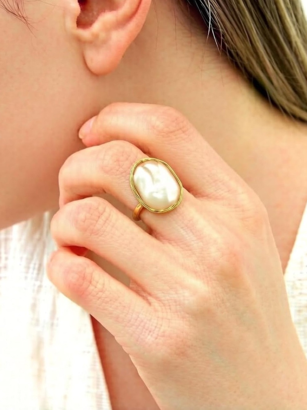 Handcrafted 14K Gold Plated Baroque Pearl Ring Adjustable - Picture 5 of 8